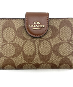 Coach Medium Corner Zip Wallet in Signature Canvas Khaki Saddle Brown C0082