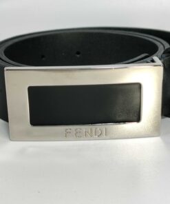 Fendi Black Leather Belt Silver Engraved Rectangular Buckle Classic NWOT Luxury 110-125