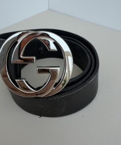 Authentic Gucci Interlocking G Black Leather Belt with Silver Buckle 95/38