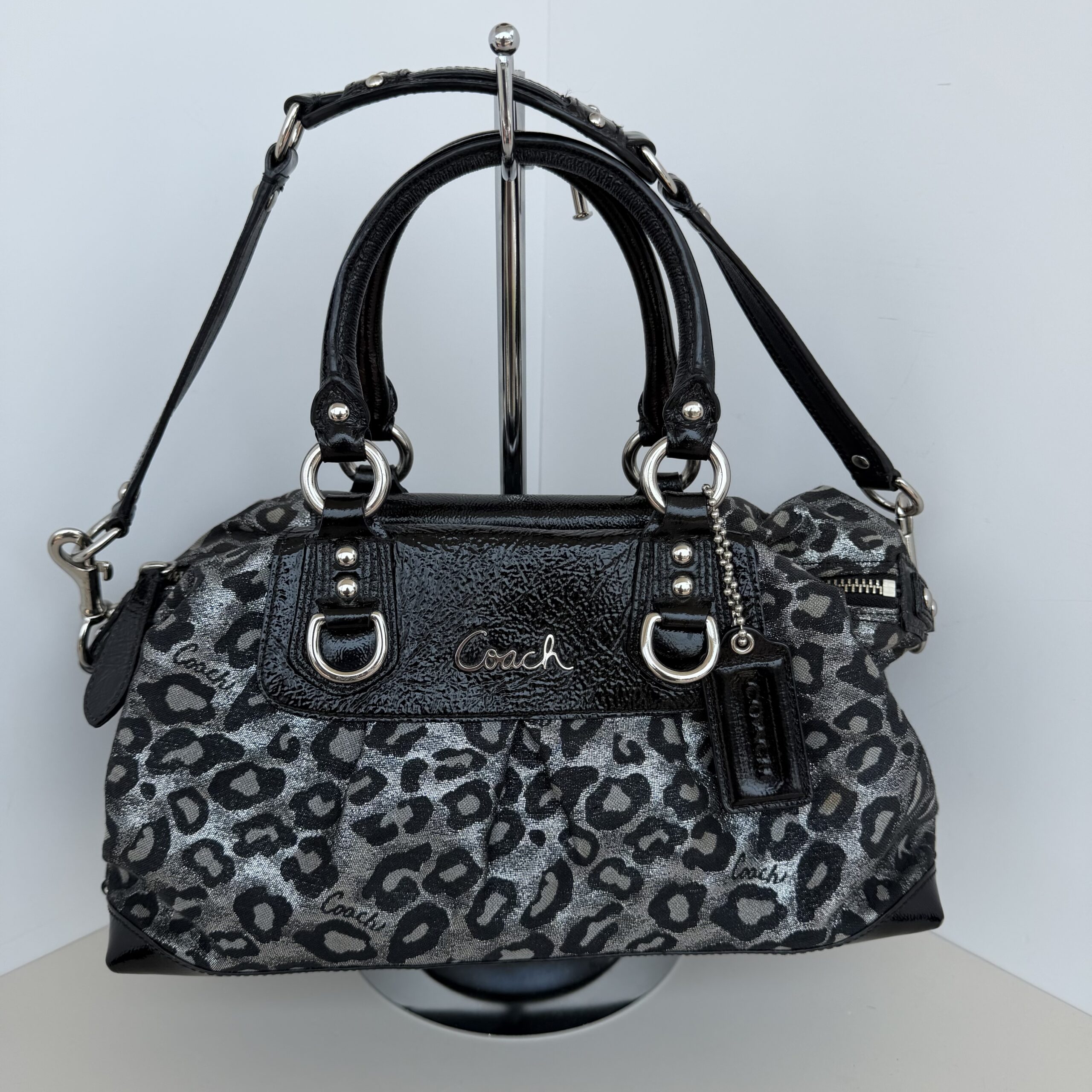 Coach Metallic Silver & Black Ocelot Leopard Print Satchel Handbag