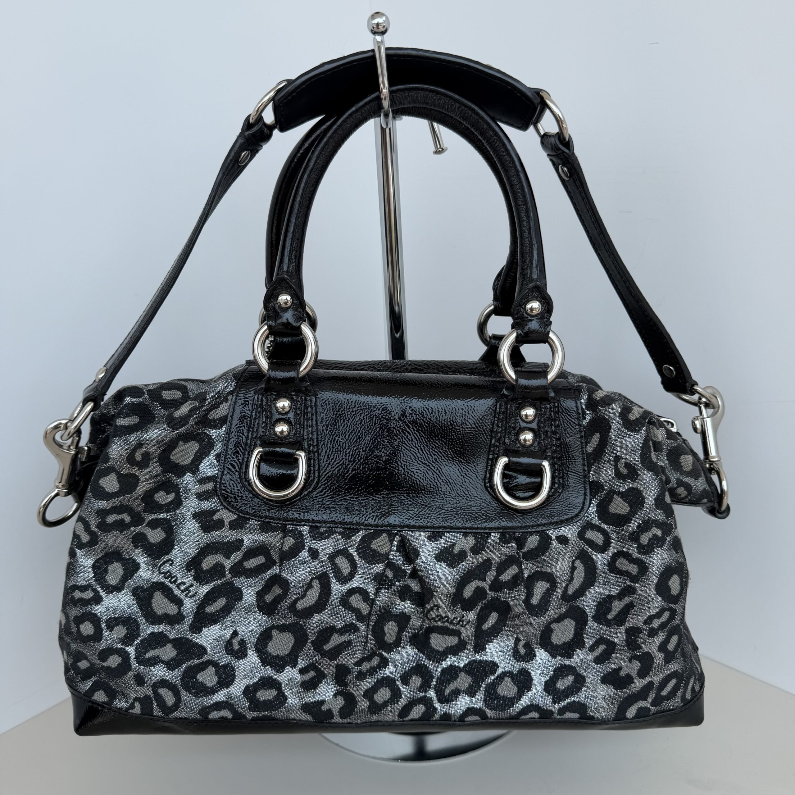Coach Metallic Silver & Black Ocelot Leopard Print Satchel Handbag - Image 2