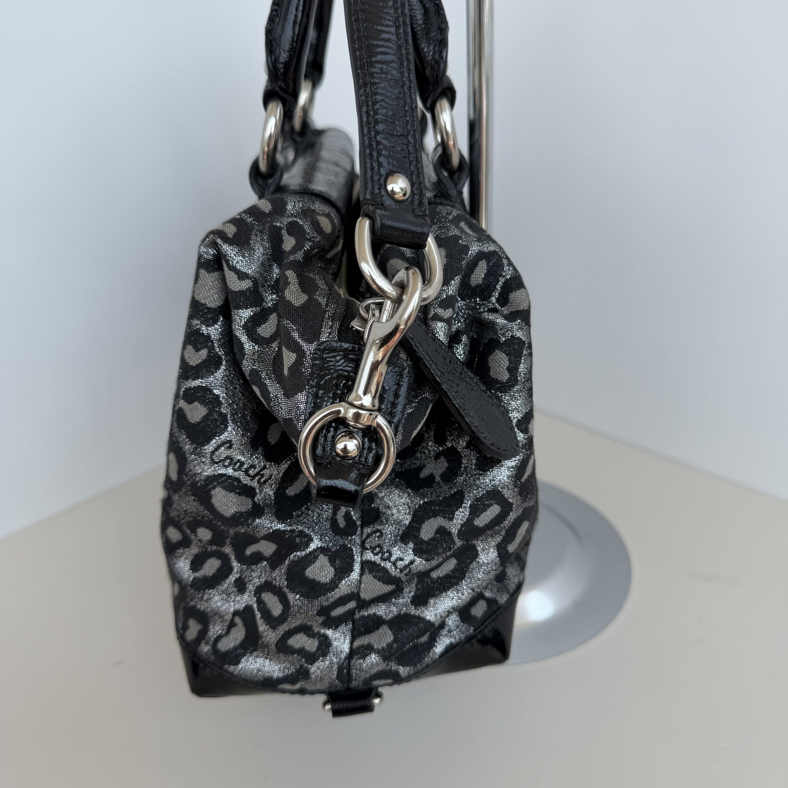 Coach Metallic Silver & Black Ocelot Leopard Print Satchel Handbag - Image 3