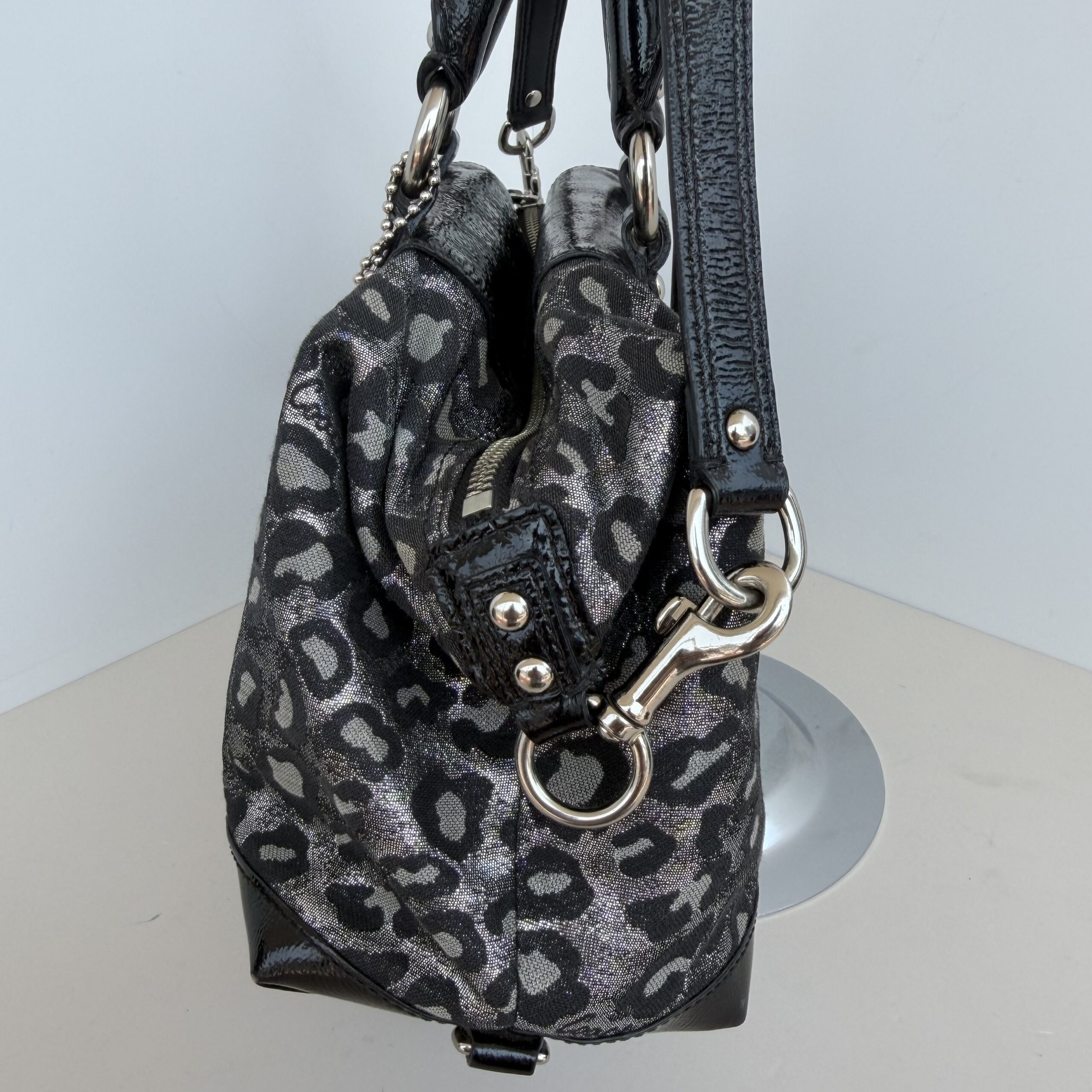 Coach Metallic Silver & Black Ocelot Leopard Print Satchel Handbag - Image 4