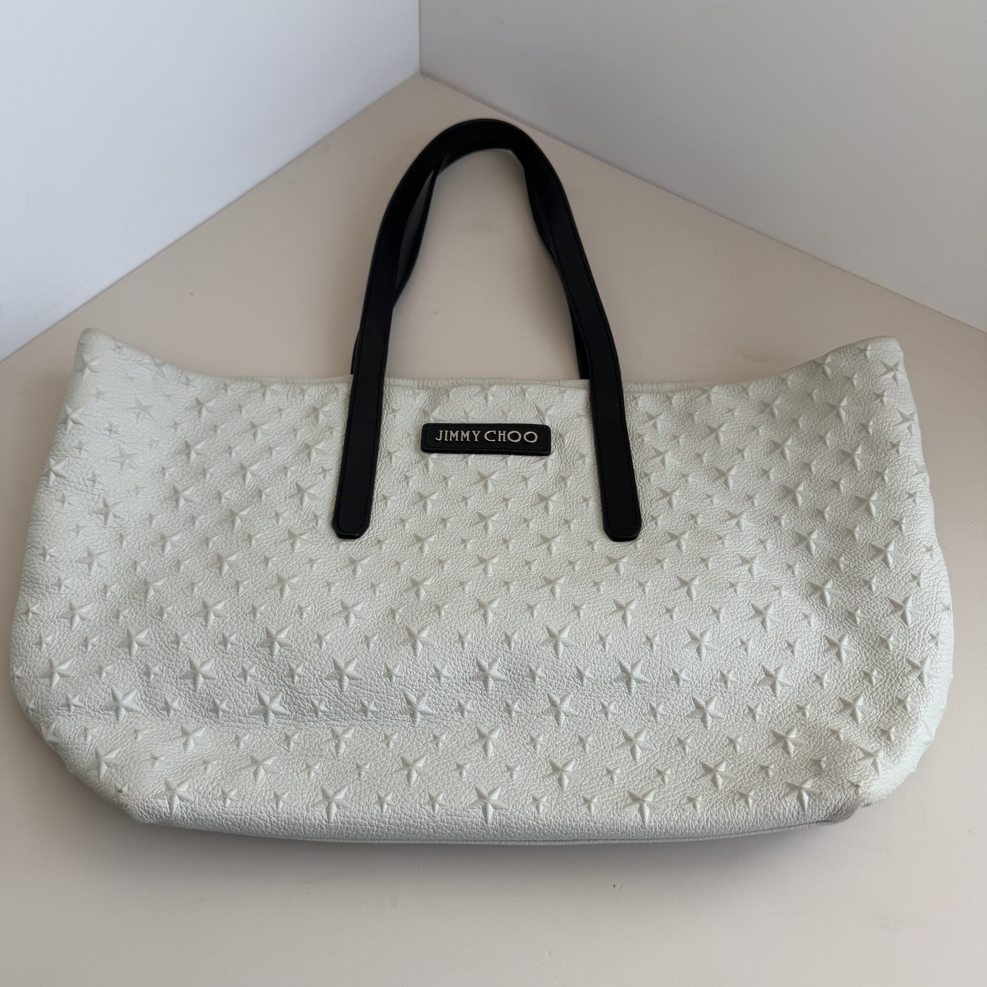 Pre-Owned Authentic Jimmy Choo White Star-Embossed Calfskin Leather Medium Sofia Tote