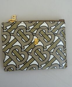 Pre-Owned Burberry Printed Calfskin Monogram Simone TB Zip Card Holder Wallet – Beige/Brown