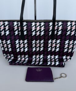 Kate Spade Kitt Large Nylon Tote Bag – Houndstooth Plaid Purple Multi & Wallet Set