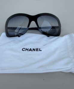 Chanel 6036 Vintage Shield Sunglasses – Gloss Black (c.503/42) with Studded Chocolate Bar Quilted Temples and Silver CC Logo Accents