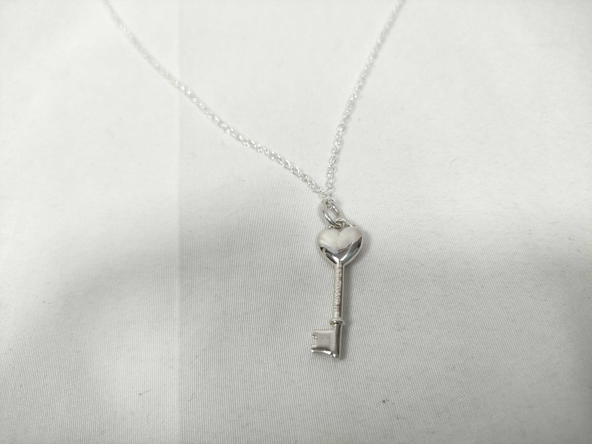 Tiffany & Co. Sterling Silver Pink Enamel Heart Key Pendant Necklace - Image 3