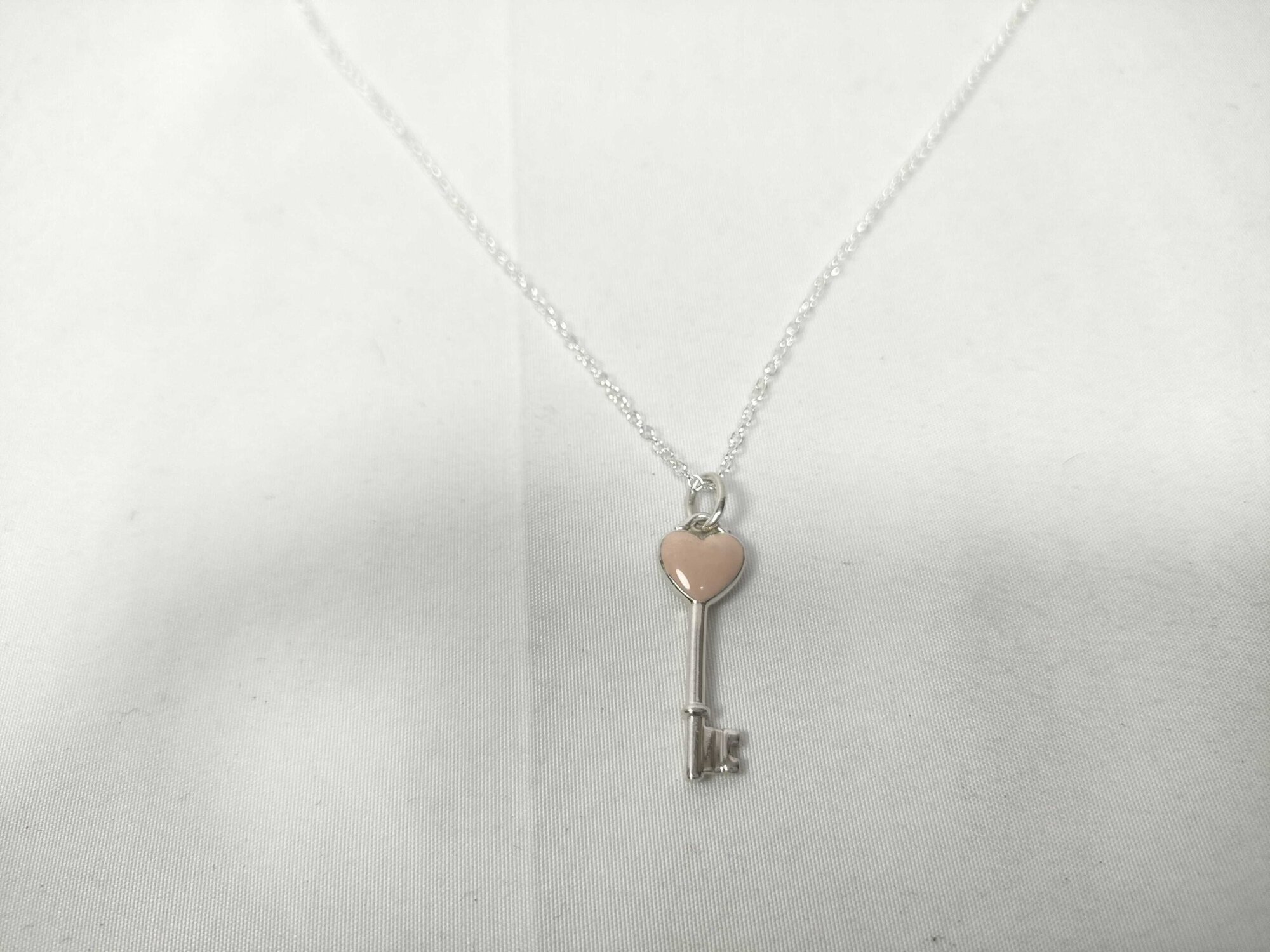 Tiffany & Co. Sterling Silver Pink Enamel Heart Key Pendant Necklace - Image 2