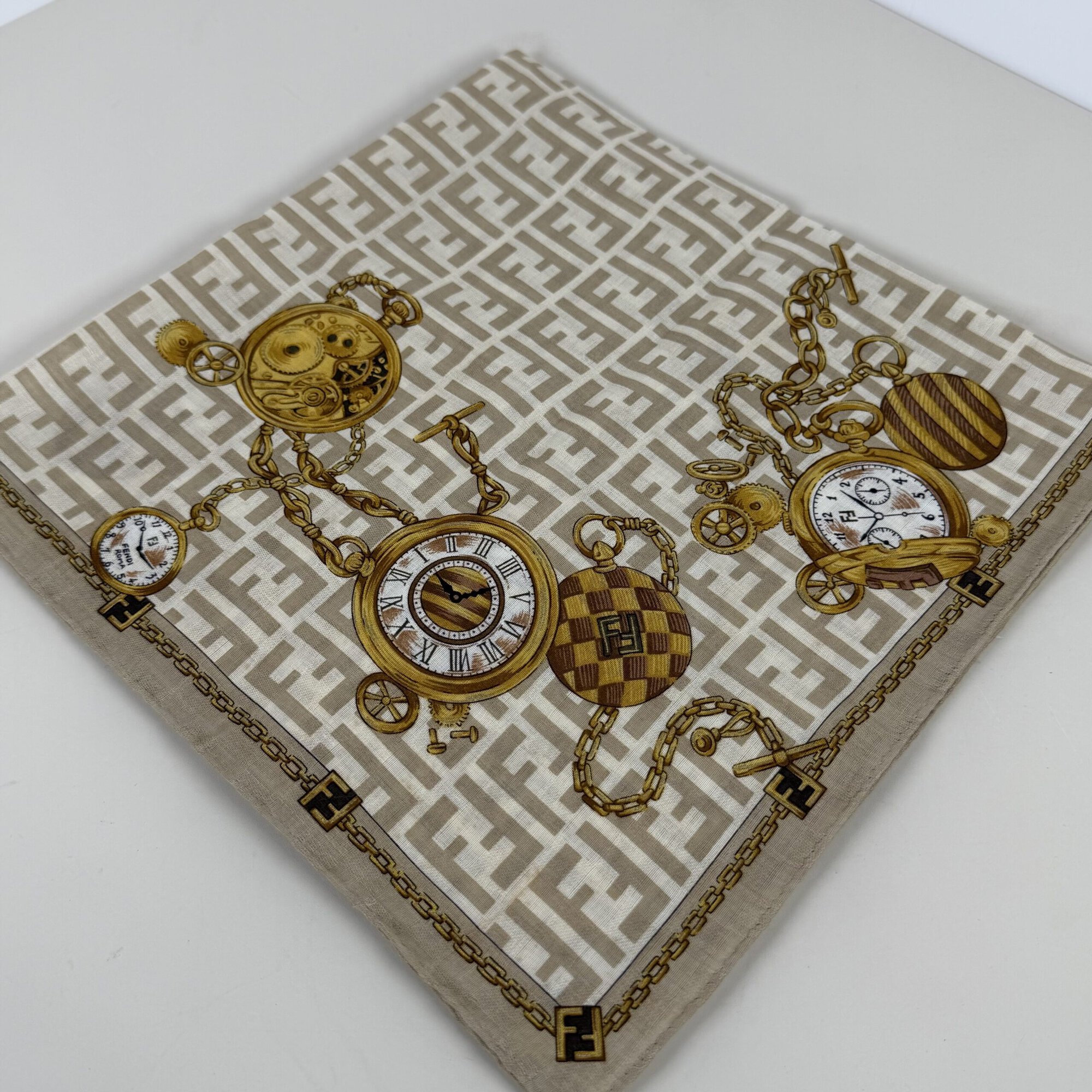 FENDI Vintage Zucca Monogram Cotton Scarf Handkerchief with Pocket Watch Motif - Image 3