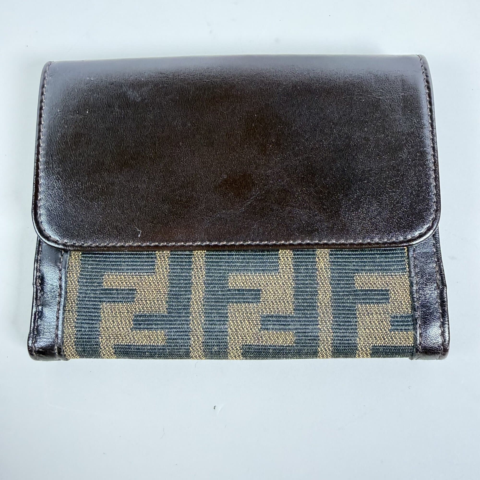 Fendi Zucca Canvas & Brown Leather French Wallet