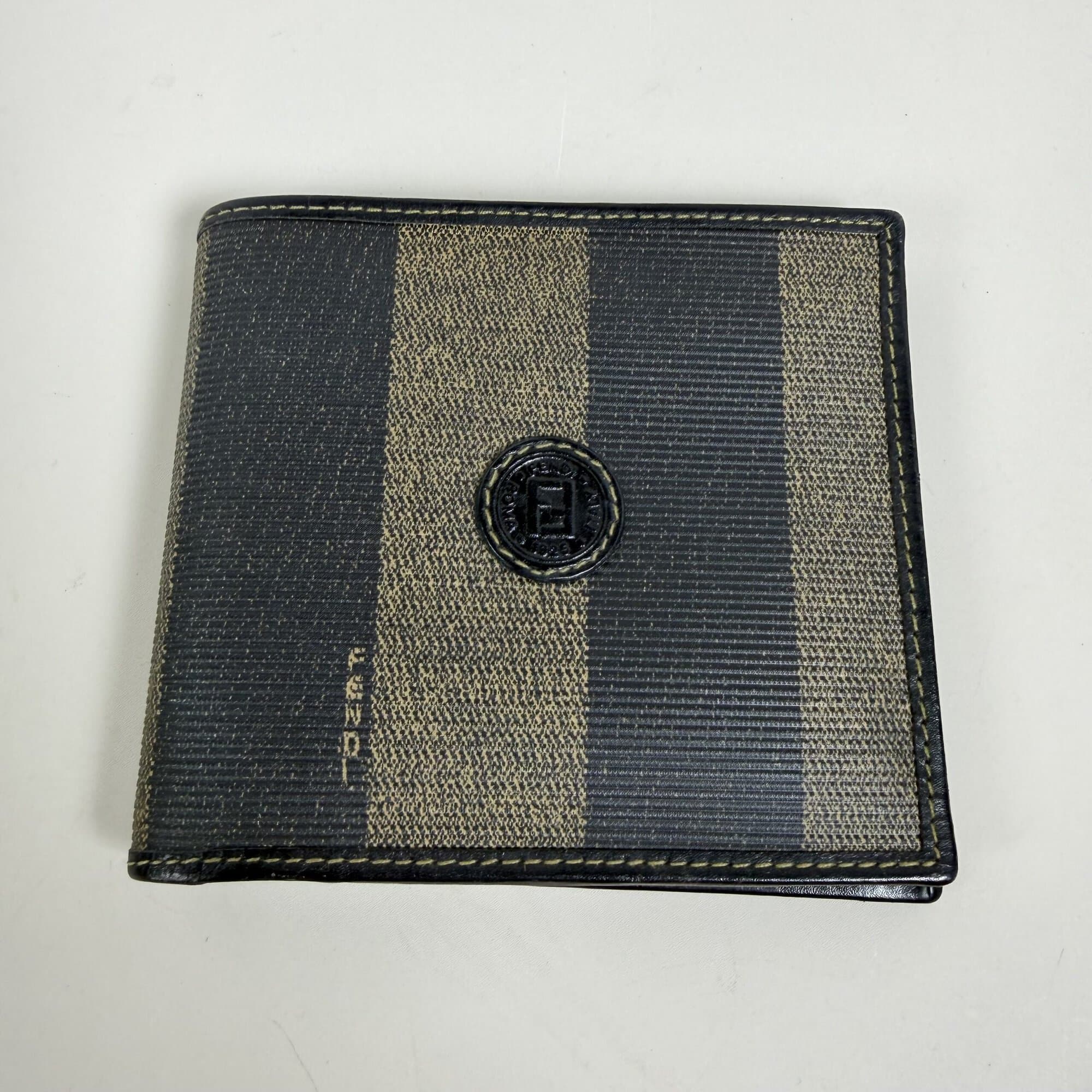 Fendi Vintage Pequin Stripe Coated Canvas Bi-Fold Wallet with Leather Trim and FF Logo Emblem