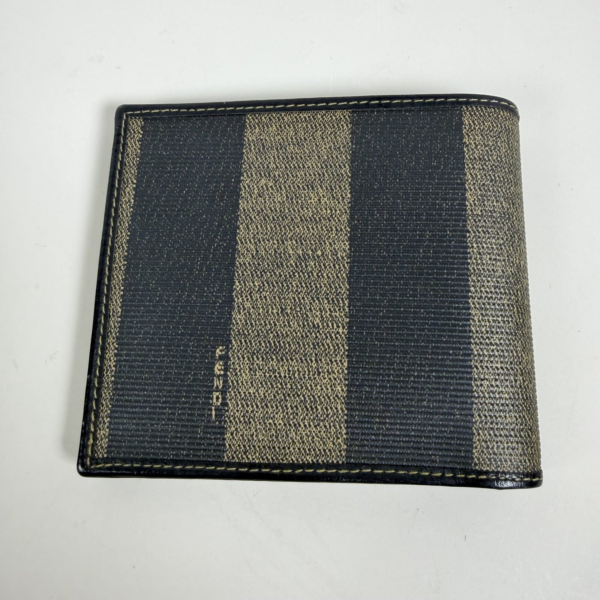 Fendi Vintage Pequin Stripe Coated Canvas Bi-Fold Wallet with Leather Trim and FF Logo Emblem