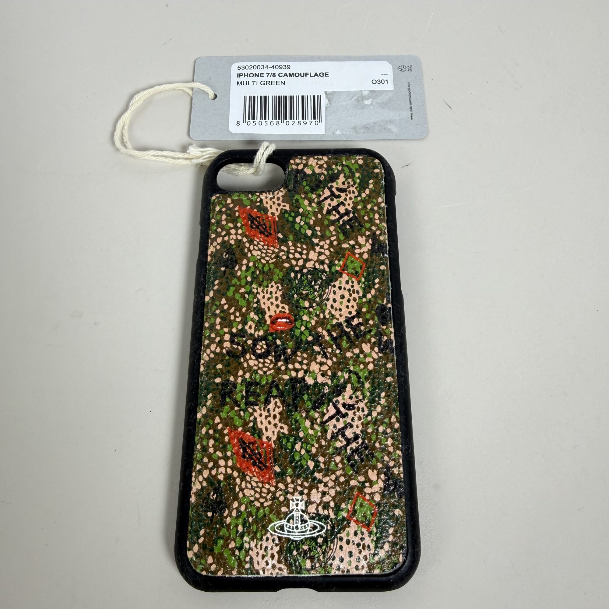 Vivienne Westwood Vintage Multi Green Pink Camouflage Leather iPhone 7 / 8 Protective Case with Original Dust Bag Set