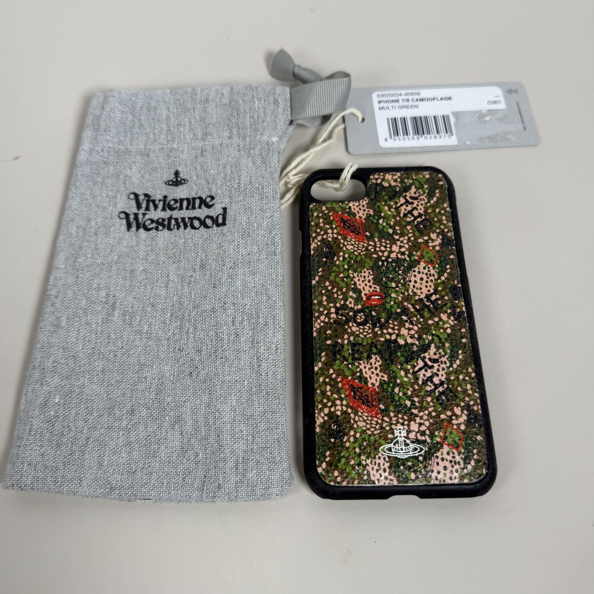 Vivienne Westwood Vintage Multi Green Pink Camouflage Leather iPhone 7 / 8 Protective Case with Original Dust Bag Set
