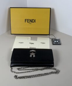 Fendi Pre-Owned Black Leather Crystal Karlito Wallet on Chain