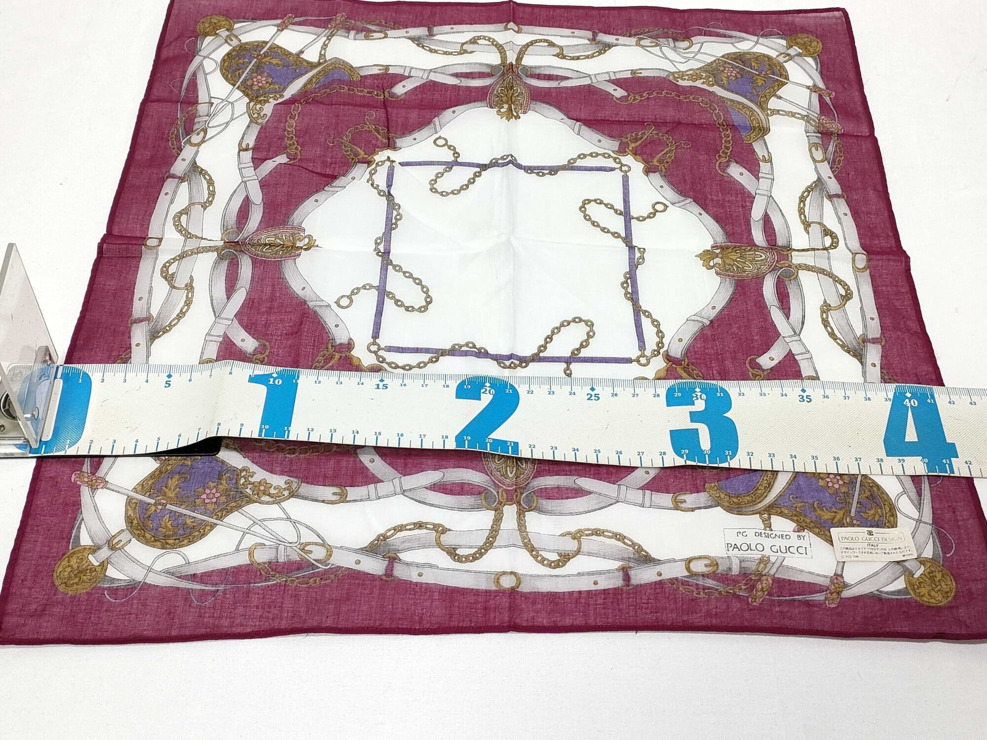Paolo Gucci Burgundy Chain Belt Motif Cotton Handkerchief Scarf, additional view 2