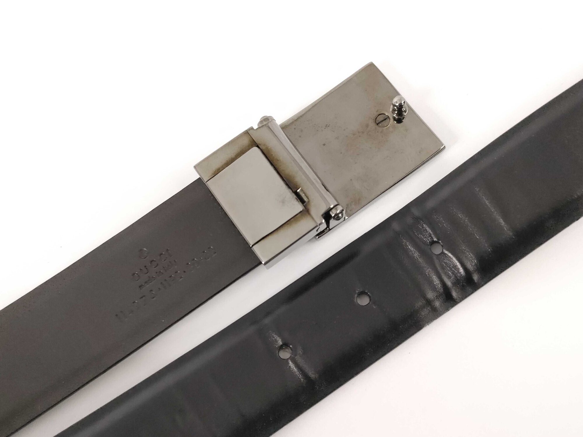 Gucci Black Smooth Leather Silver Box Plaque Logo Reversible Belt size 80-32 image 4