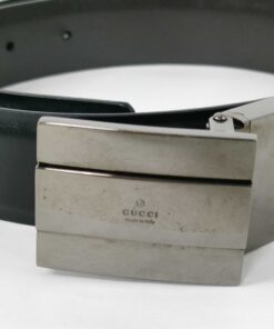 Gucci Black Smooth Leather Silver Box Plaque Logo Reversible Belt size 80-32 - Image 2