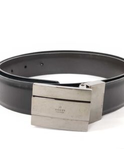 Gucci Black Smooth Leather Silver Box Plaque Logo Reversible Belt size 80-32