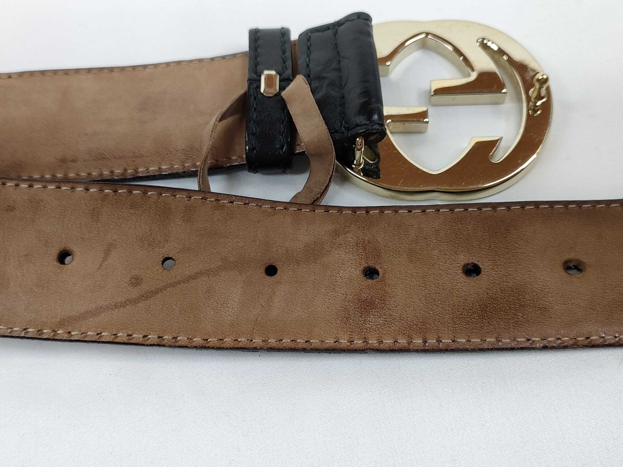 Gucci Black Guccissima Leather Gold Interlocking G Icon Belt size 80-32 - Image 4