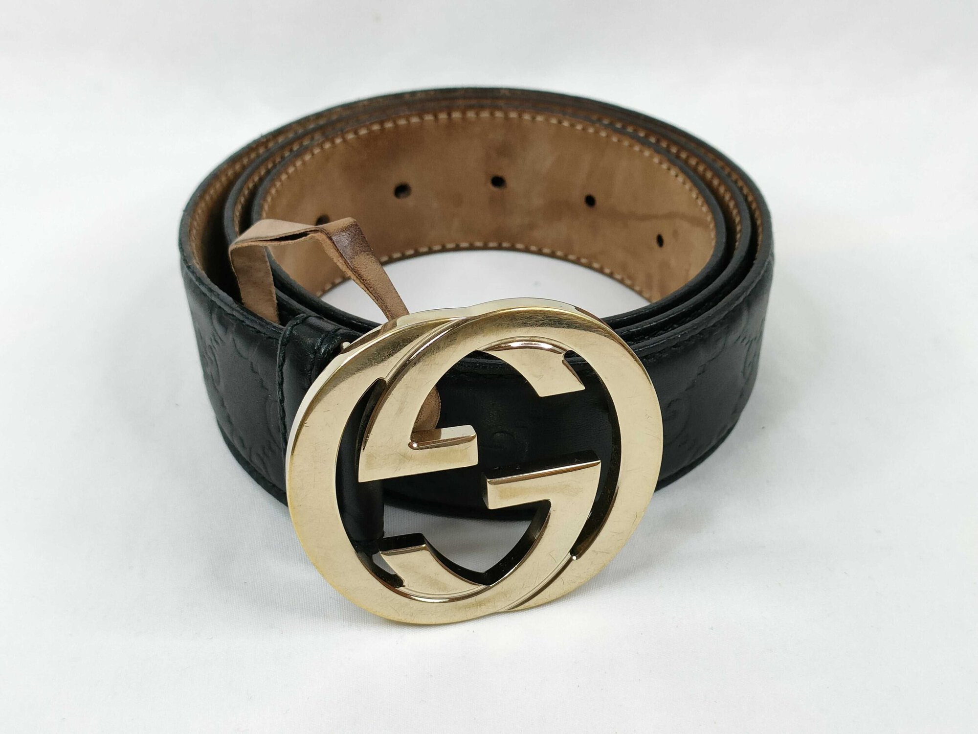 Gucci Black Guccissima Leather Gold Interlocking G Icon Belt size 80-32