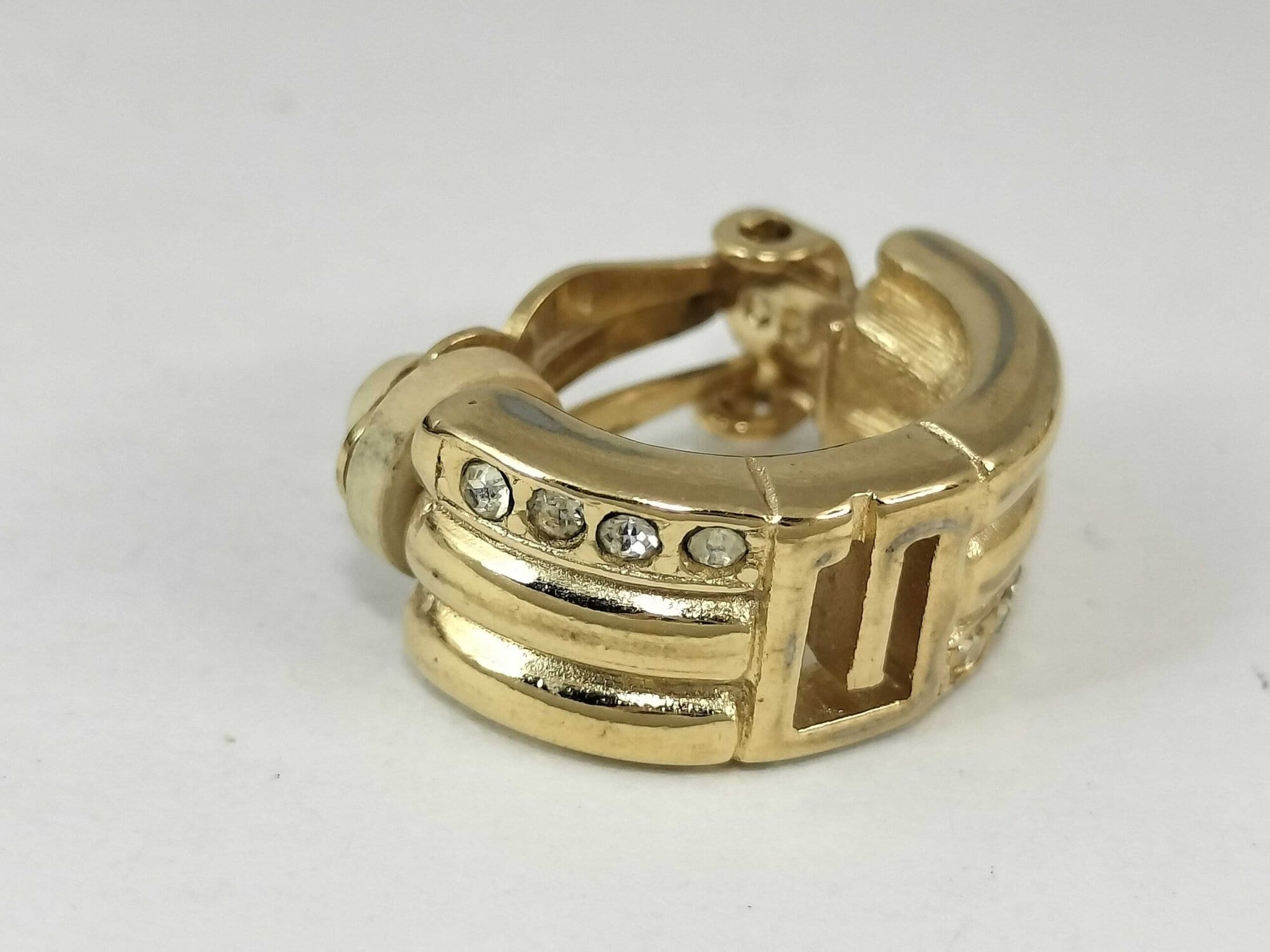 Vintage Givenchy Gold Plated Crystal G Logo Half Hoop Clip-On Earrings - Image 7