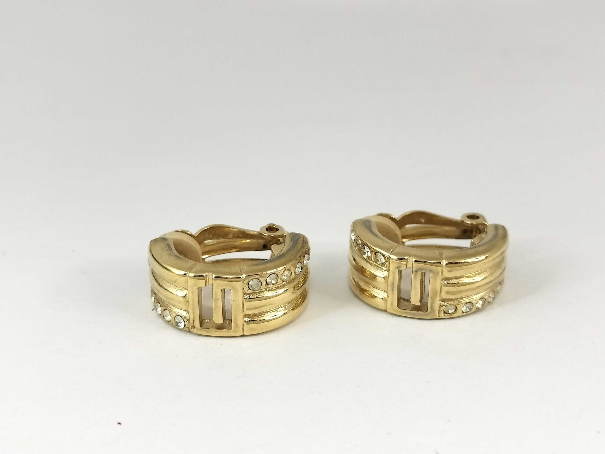 intage Givenchy Gold Plated Crystal G Logo Half Hoop Clip-On Earrings