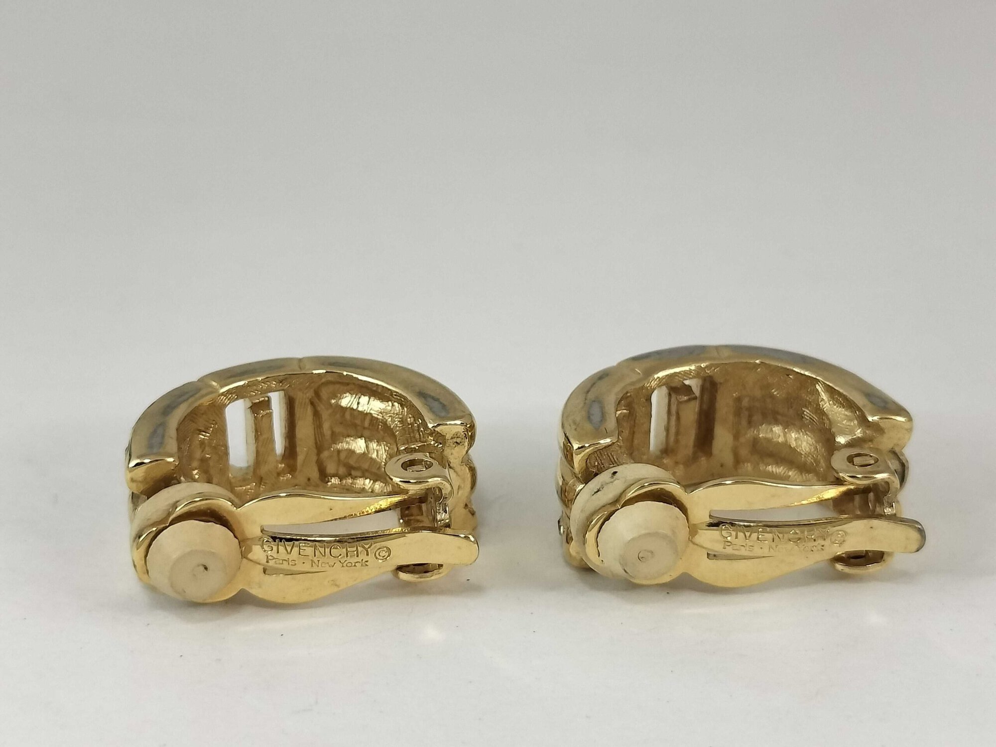 Vintage Givenchy Gold Plated Crystal G Logo Half Hoop Clip-On Earrings - Image 3