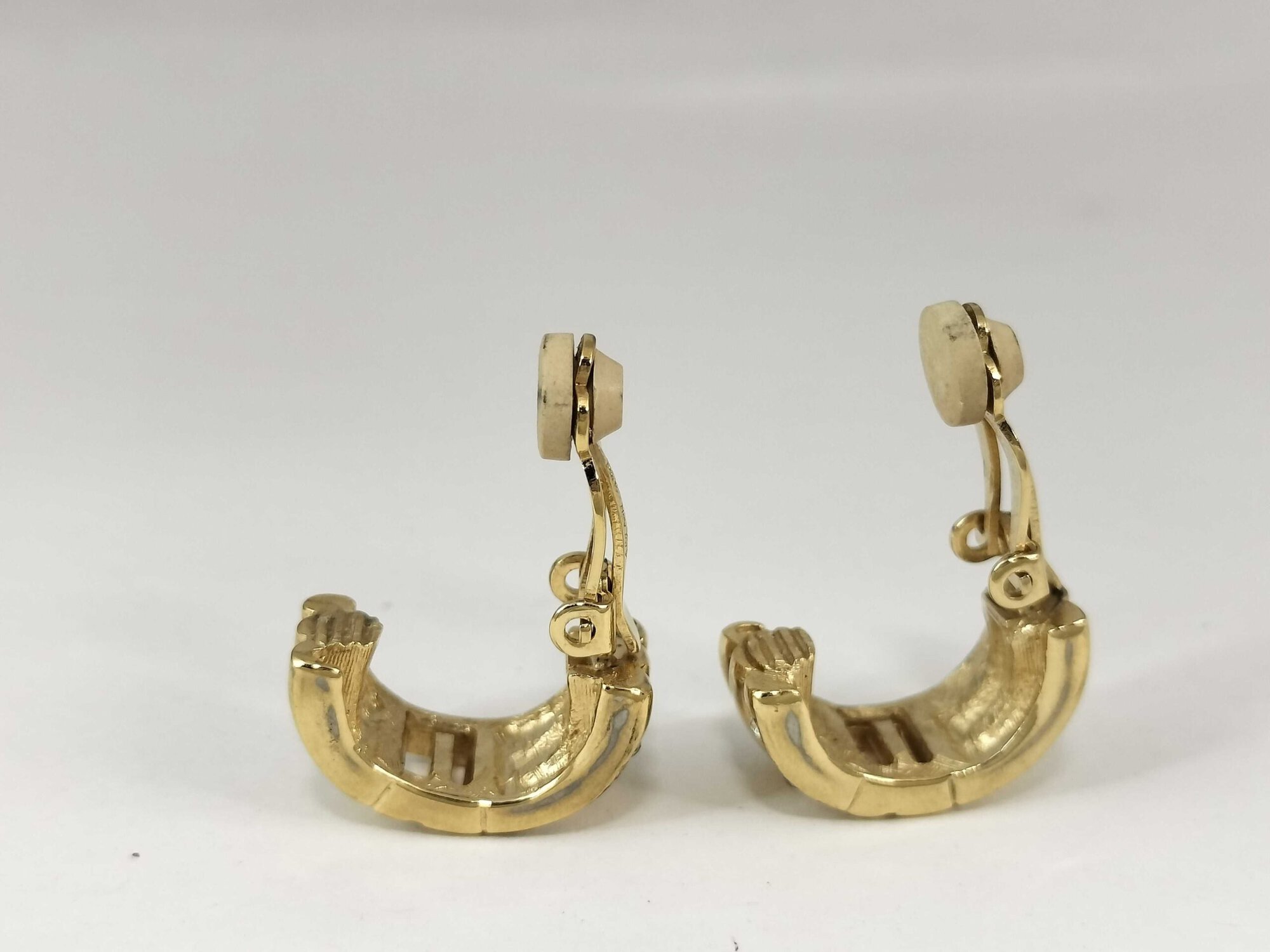 Vintage Givenchy Gold Plated Crystal G Logo Half Hoop Clip-On Earrings - Image 4