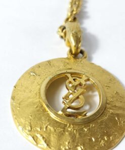 Vintage Yves Saint Laurent Gold Tone Hammered Round Cutout YSL Logo Pendant Necklace - Image 10