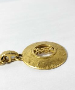 Vintage Yves Saint Laurent Gold Tone Hammered Round Cutout YSL Logo Pendant Necklace - Image 3