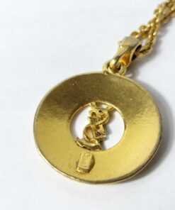 Vintage Yves Saint Laurent Gold Tone Hammered Round Cutout YSL Logo Pendant Necklace - Image 4
