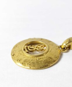 Vintage Yves Saint Laurent Gold Tone Hammered Round Cutout YSL Logo Pendant Necklace - Image 2