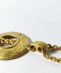 Vintage Yves Saint Laurent Gold Tone Hammered Round Cutout YSL Logo Pendant Necklace - Image 6
