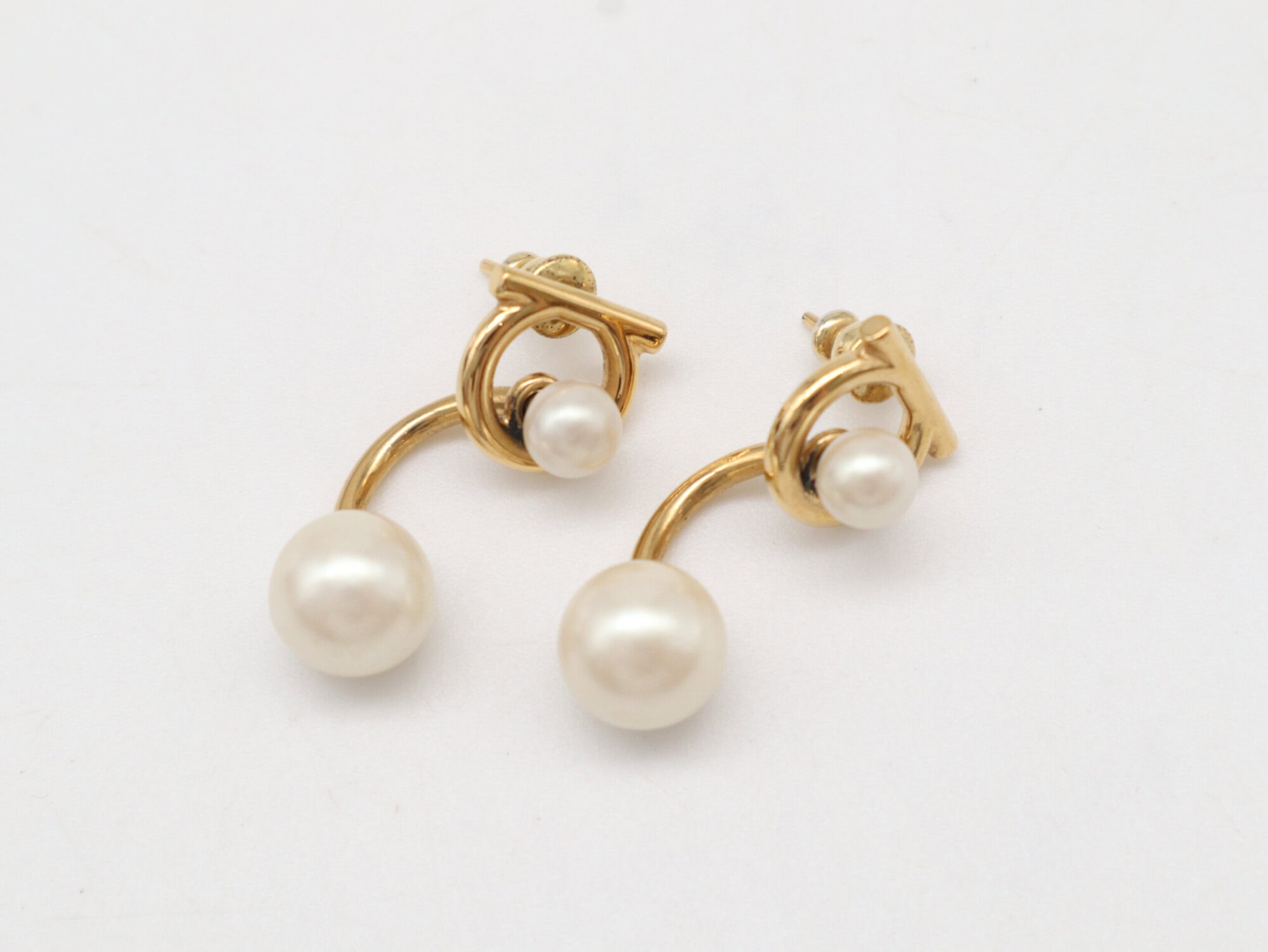 Salvatore Ferragamo Gold-Tone Gancini Double Pearl Jacket Earrings
