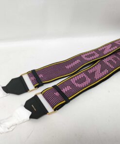 Full view of Fendi purple and pink woven logo Strap You shoulder strap with tissue-wrapped clips.