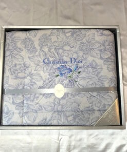 Christian Dior blue floral down ket comforter folded inside silver presentation box