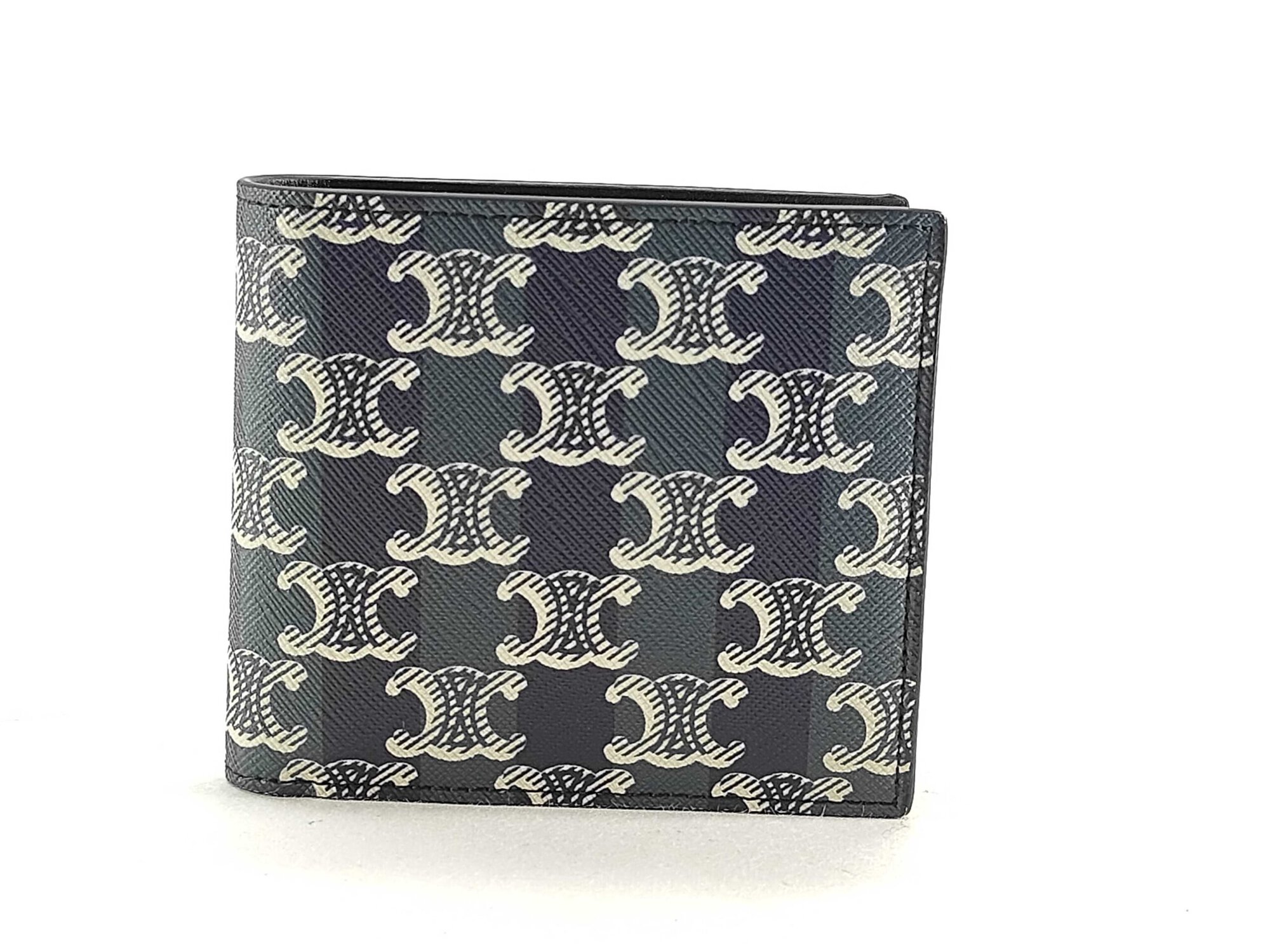Celine Triomphe Canvas Bifold Wallet in black coated canvas shown folded upright.