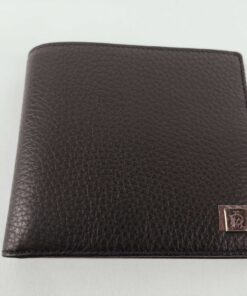 Dunhill dblack grained leather bifold wallet front exterior with corner logo plaque.