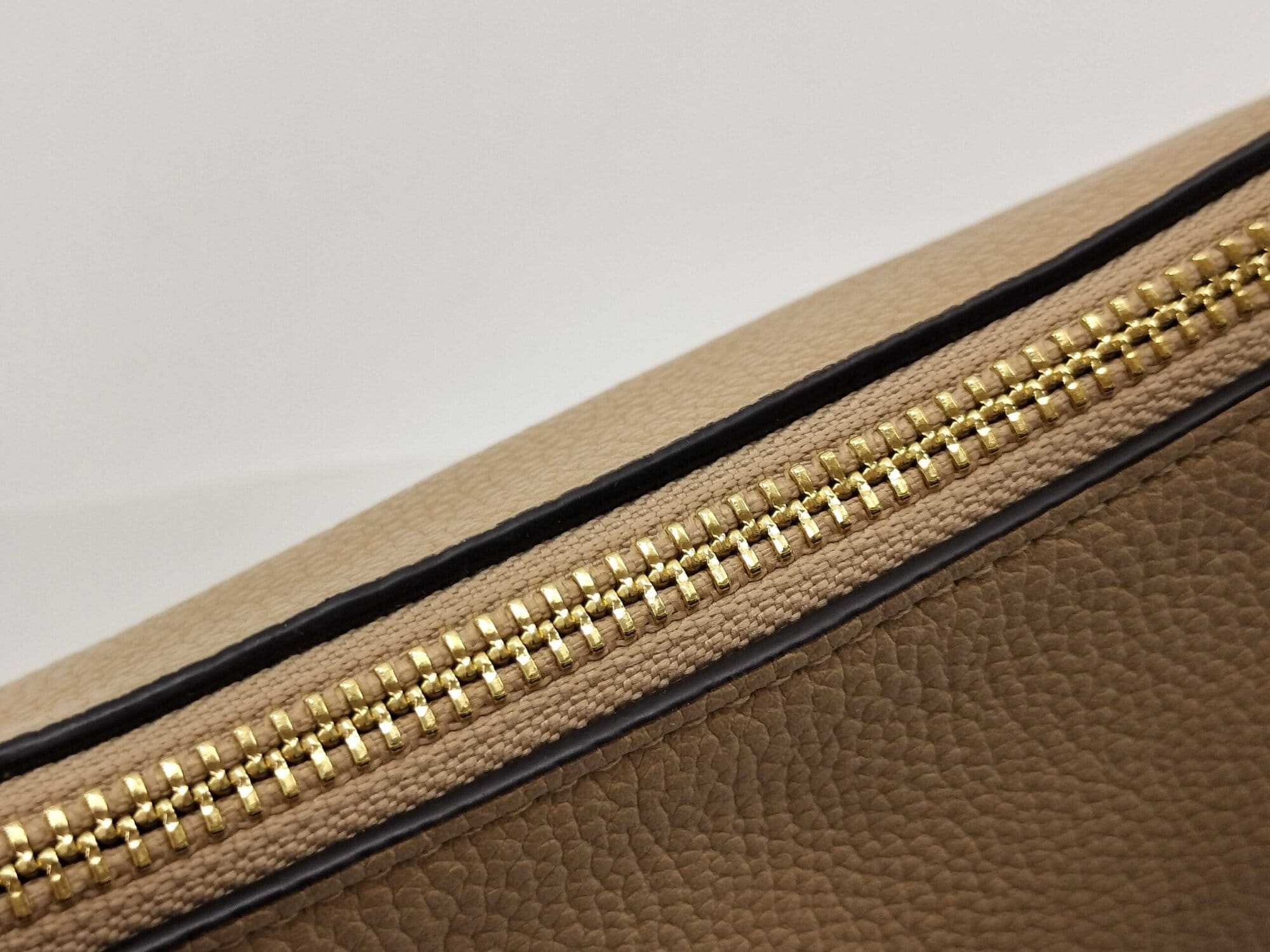 Close-up of gold-tone zipper teeth and fabric track along bag opening