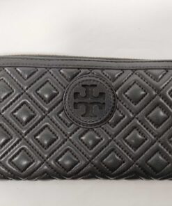 Front view of black quilted leather Tory Burch Fleming continental wallet with Double T logo medallion.