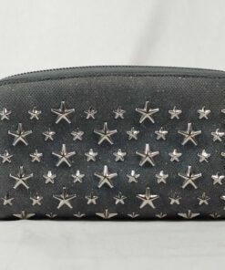 Front view of Jimmy Choo charcoal glitter leather Filipa wallet with silver star studs.