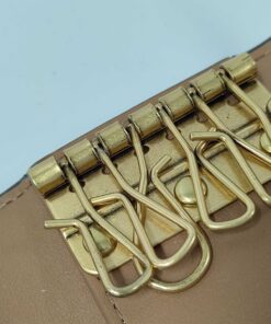 Close-up of gold-tone metal plate holding six key hooks inside Coach case.
