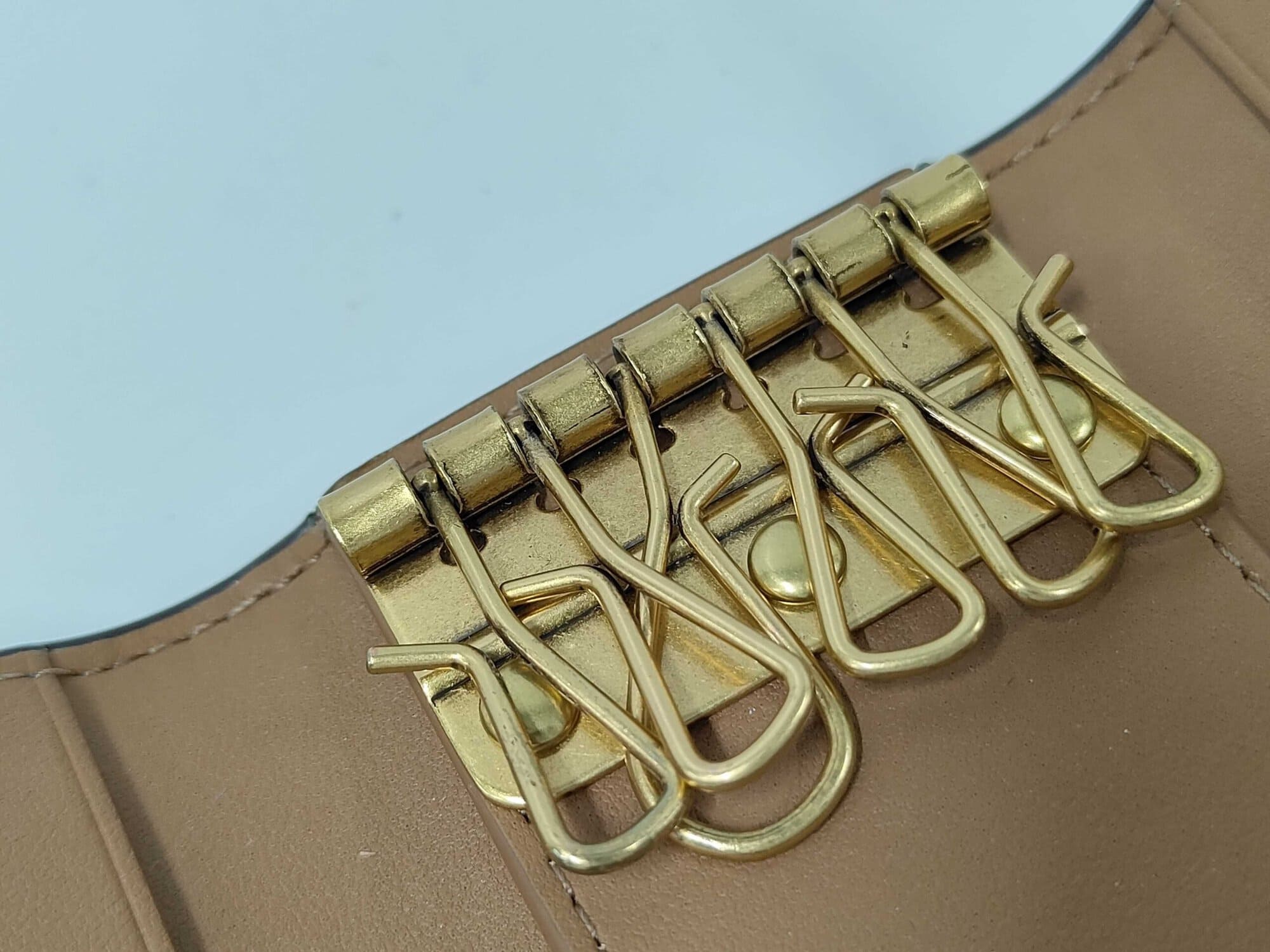 Close-up of gold-tone metal plate holding six key hooks inside Coach case.