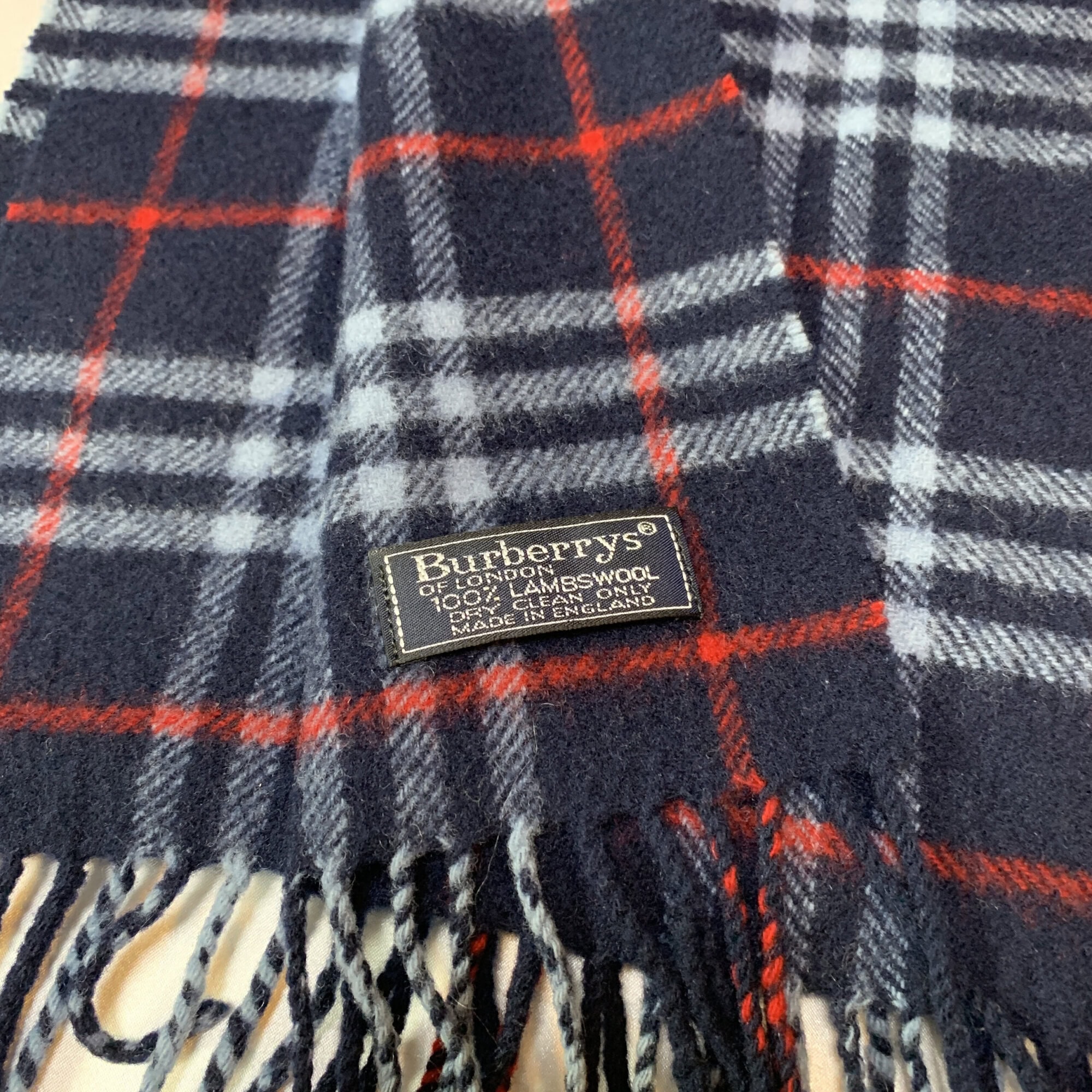 Burberrys Navy Blue Check 100% Lambswool Fringed Scarf, additional view 5