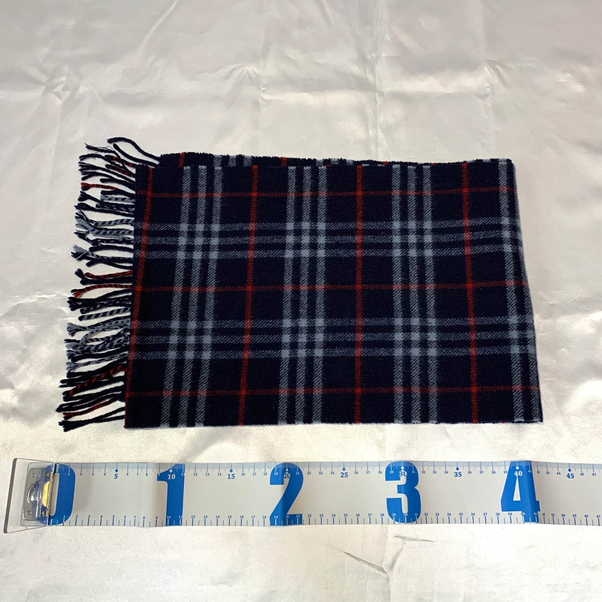 Burberrys Navy Blue Check 100% Lambswool Fringed Scarf, additional view 2