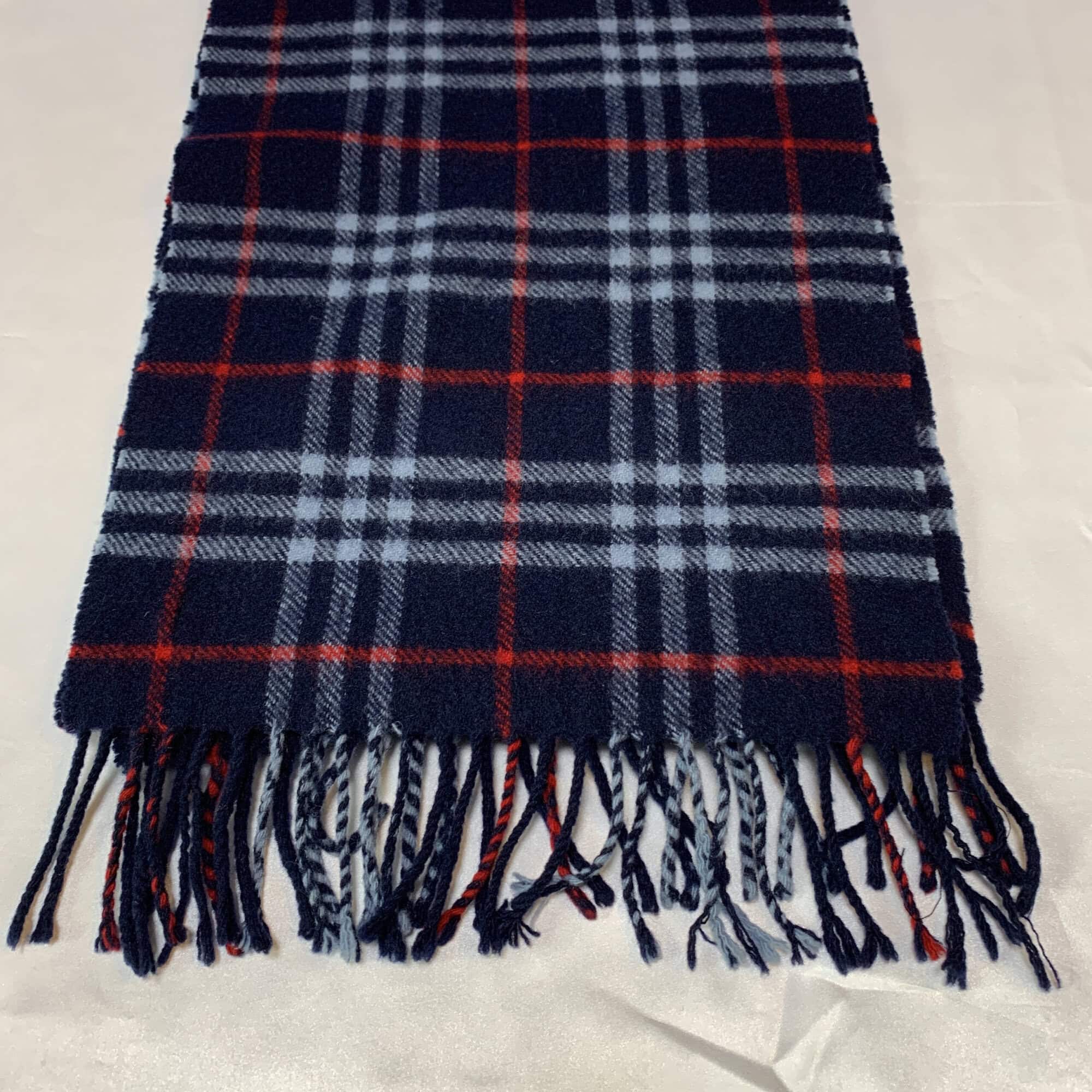 Burberrys Navy Blue Check 100% Lambswool Fringed Scarf, additional view 4