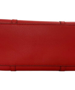 Flat rectangular bottom base panel of Tory Burch red pebbled leather tote bag