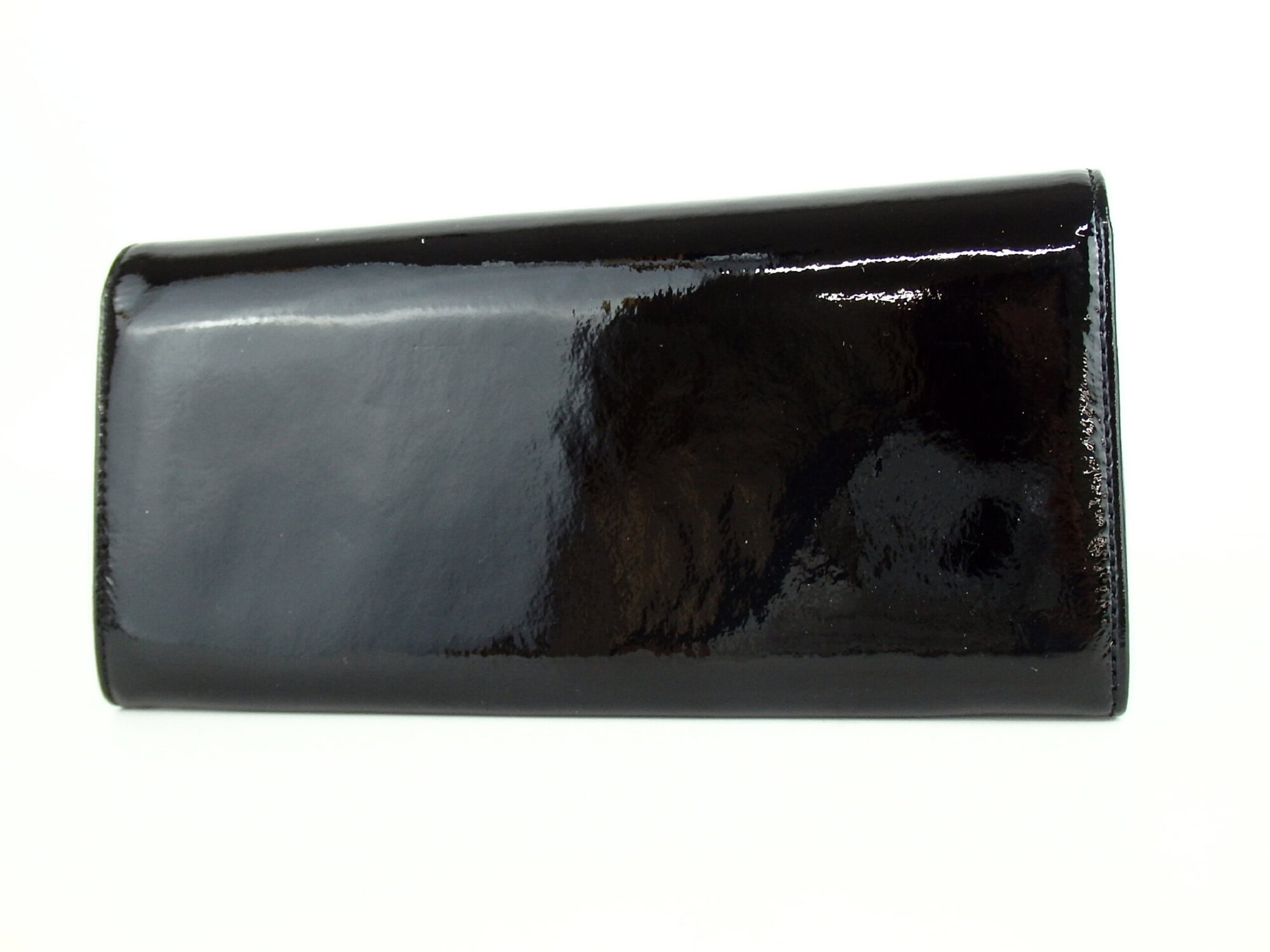 Back exterior view of black patent leather continental wallet
